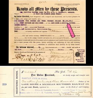 $1,403,000 Lake Shore and Michigan Southern Railway Co. signed by 3 Vanderbilts! -  1906 dated Stock Transfer and Receipt
