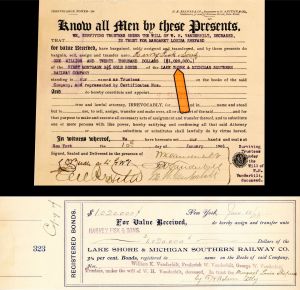 $1,020,000 Lake Shore and Michigan Southern Railway Co. signed by 3 Vanderbilts! -  1906 dated Stock Transfer and Receipt