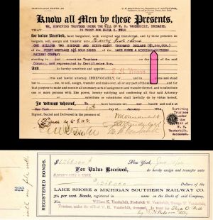 $1,268,000 Lake Shore and Michigan Southern Railway Co. signed by 3 Vanderbilts! -  1906 dated Stock Transfer and Receipt