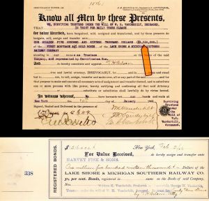 $1,516,000 Lake Shore and Michigan Southern Railway Co. signed by 3 Vanderbilts! -  1906 dated Stock Transfer and Receipt