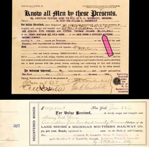 $1,515,000 Lake Shore and Michigan Southern Railway Co. signed by 2 Vanderbilts! -  1906 dated Stock Transfer and Receipt