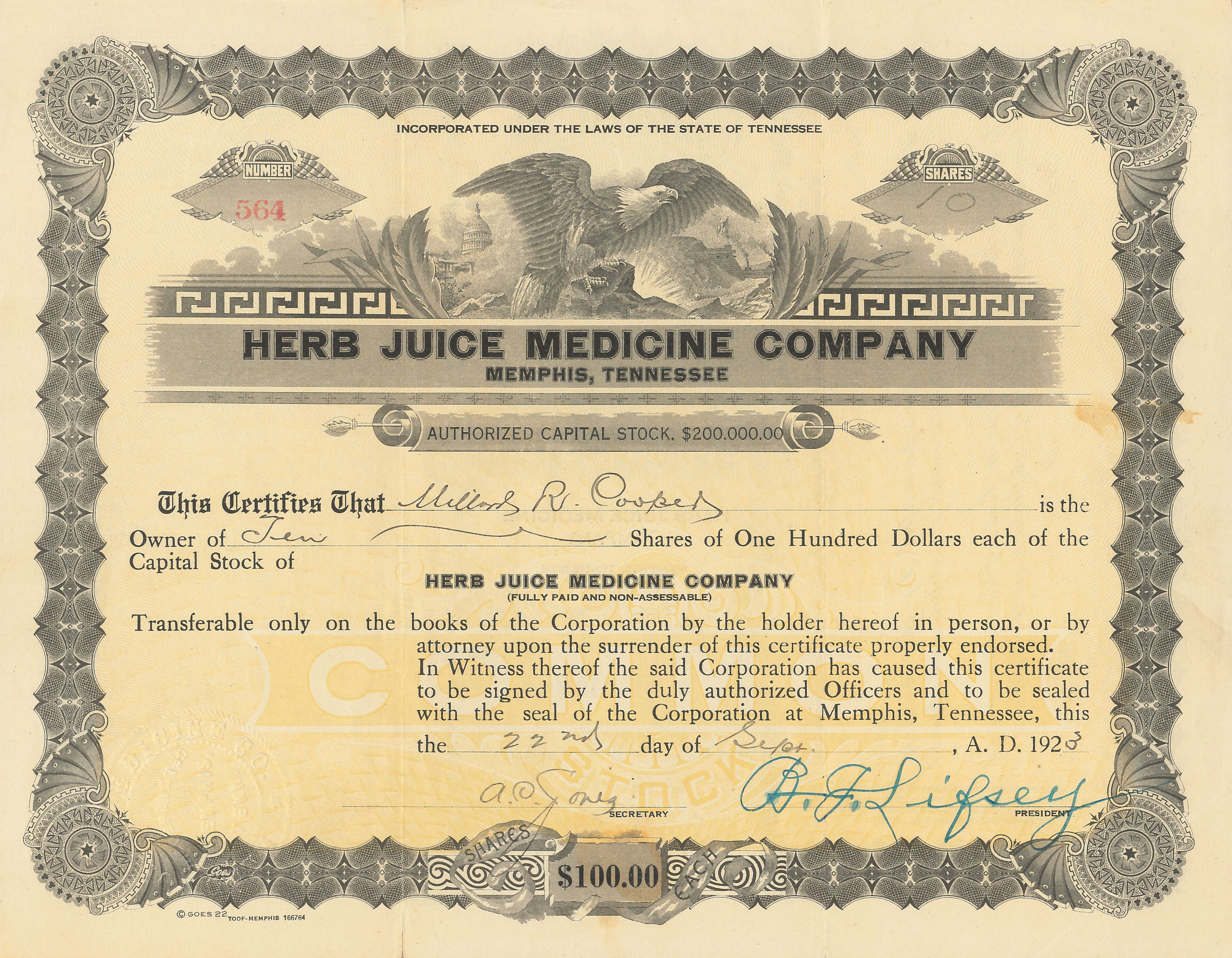 Herb Juice Medicine Co. - 1923 dated Stock Certificate - Also Known as Herbalism, Phytomedicine or Phytotherapy