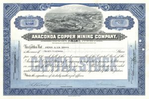 Anaconda Copper Mining - 1920's-50's dated Montana Mining Stock Certificate - Available in Blue, Brown or Green