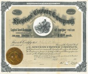 Stevens Copper Company - 1902-09 Arizona Mining Stock Certificate - Graham County, Arizona