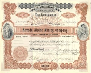 Nevada Alpine Mining Co. - 1907 dated Utah & Nevada Mining Stock Certificate - Mines in Alpine, Esmeralda County, Nevada