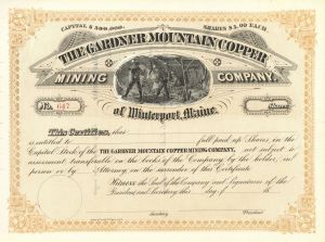 Gardner Mountain Copper Mining Co. of Winterport, Maine - 1880's dated Unissued Mining Stock Certificate