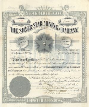 Silver Star Mining Co. of Montana - 1891 dated Stock Certificate