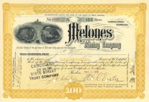 Melones Mining Co. - Yellow dated 1899 or Brown dated 1921 California and West Virginia Mining Stock Certificate