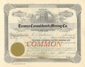 Tecoma Consolidated Mining Co. - Salt Lake City, Utah - Mining Stock Certificate