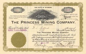 Princess Mining Co. - Colorado Springs, CO Mining Stock Certificate