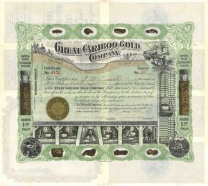 Great Cariboo Gold Co. - 1909 dated South Dakota Gold Mining Stock Certificate - Fantastic Artwork