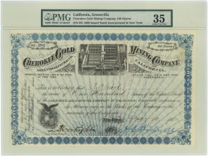 Cherokee Gold Mining Co. - Greenville, Plumas County, California - California Mining PMG Graded Stock Certificate
