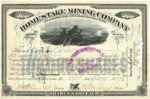 Homestake Mining Co. - dated 1879 Dakota Territory Mining Stock Certificate - Whitewood Milling District, Lawrence County, Dakota Territory