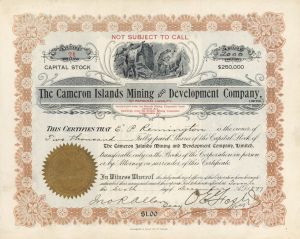 Cameron Islands Mining and Development Co., Limited - 1897-1901 dated Stock Certificate