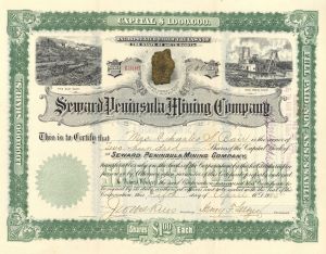 Seward Peninsula Mining Co. - 1905 dated Alaska and South Dakota Gold Mining Stock Certificate