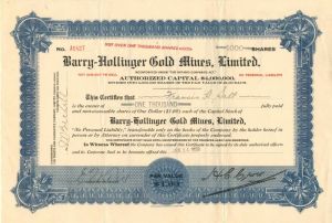 Barry-Hollinger Gold Mines, Limited - Stock Certificate