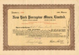 New York Porcupine Mines, Limited - Stock Certificate