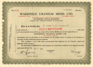 Wakefield Uranium Mines Ltd. - Stock Certificate