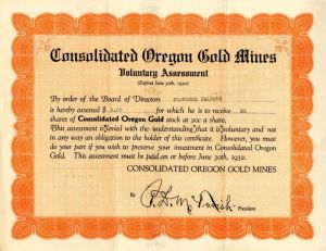 Consolidated Oregon Gold Mines - Stock Certificate