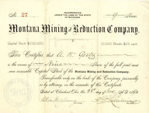 Montana Mining and Reduction Co. - Stock Certificate