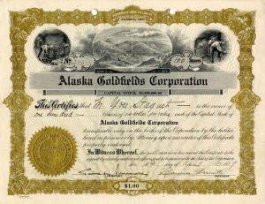 Alaska Goldfields Corporation - Territory of Alaska Mining Stock Certificate