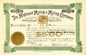 Highland Mining and Milling Co. - Stock Certificate