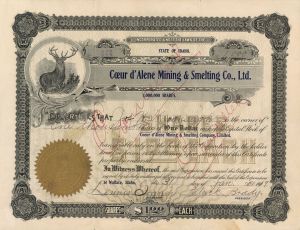 Coeur d'Alene Mining and Smelting Co., Ltd. - Stock Certificate