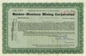 Boston-Montana Mining Corporation - 1920's dated Montana Mining Stock Certificate