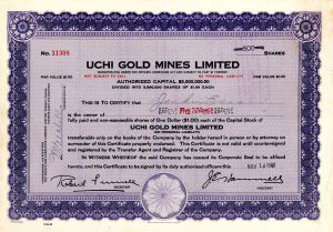 Uchi Gold Mines Limited - 1937-1940 dated Canadian Mining Stock Certificate