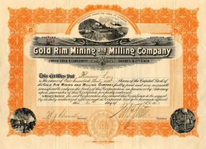 Gold Rim Mining and Milling Co. - Wyoming Mining Stock Certificate