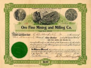 Oro Fino Mining and Milling Co. - 1908 dated Arizona & California Mining Stock Certificate
