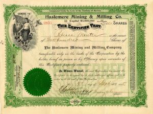 Haslemere Mining and Milling Co. - Stock Certificate