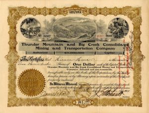 Thunder Mountain and Big Creek Consolidated Mining and Transportation Co. - Stock Certificate