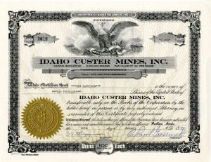 Idaho Custer Mines, Inc. - Stock Certificate