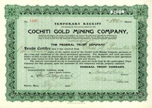 Cochiti Gold Mining Co. - Stock Certificate