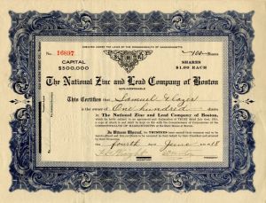 National Zinc and Lead Co. of Boston - Stock Certificate