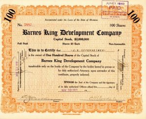 Barnes King Development Co. - Stock Certificate