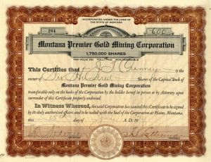 Montana Premier Gold Mining Corporation - Stock Certificate