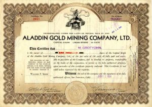 Aladdin Gold Mining Co., Ltd. - Stock Certificate