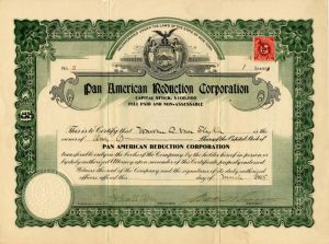 Pan American Reduction Corporation - Stock Certificate