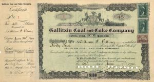 Gallitzin Coal and Coke Co. - 1900 dated Pennsylvania Coal Mining Stock Certificate