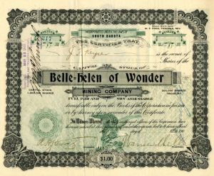 Belle=helen of Wonder Mining Co. - Stock Certificate