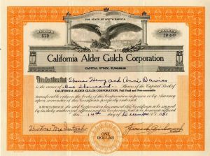 California Alder Gulch Corporation - Stock Certificate