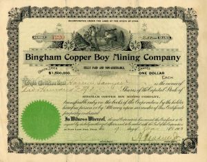 Bingham Copper Boy Mining Co. - Stock Certificate