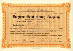 Bingham Metal Mining Co. - Stock Certificate