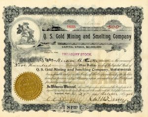 Q. S.  Gold Mining and Smelting Co. - Stock Certificate