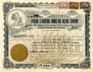 Spokane and Montana Mining and Milling Co. - Stock Certificate