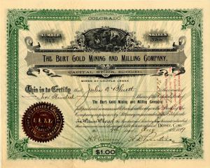 Burt Gold Mining and Milling Co. - Stock Certificate