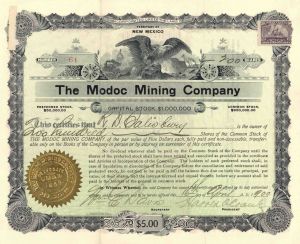 Modoc Mining Co. - New Mexico Mining Stock Certificate