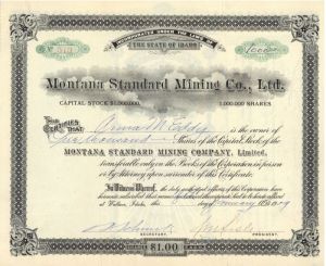 Montana Standard Mining Co., Ltd. - Stock Certificate
